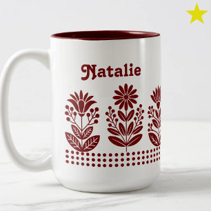 Modern Minimal Red Folk Art Flowers Custom Name Two-Tone Coffee Mug