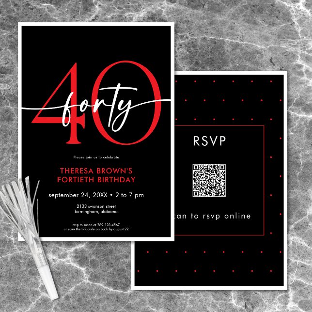 Modern Minimal Red Forty Script Birthday QR Invitation (Modern Minimal Red Forty Script Birthday QR Invitation)