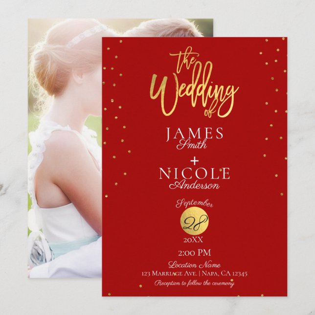 Modern Minimal Red & Gold Foil Photo Wedding Invitation (Front/Back)