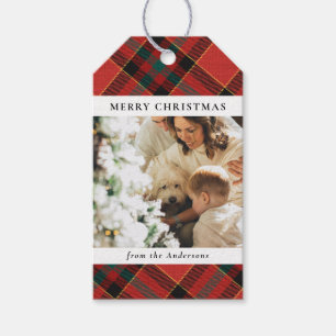 Modern Minimal Red & Green Christmas Family Photo Gift Tags