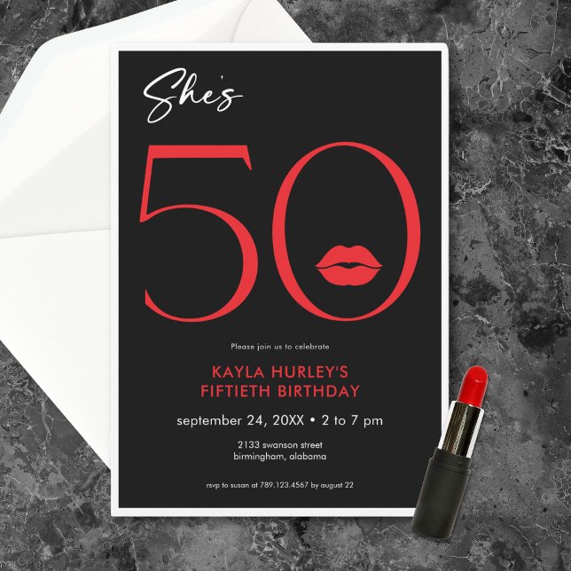 Modern Minimal Red Lips She's Fifty Birthday Invitation (Modern Minimal Red Lips She's Fifty Birthday Invitation)
