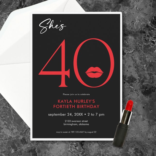 Modern Minimal Red Lips She's Forty Birthday Invitation (Modern Minimal Red Lips She's Forty Birthday Invitation)