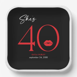 Modern Minimal Red Lips She's Forty Birthday Paper Plate