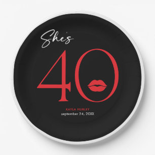 Modern Minimal Red Lips She's Forty Birthday Paper Plate