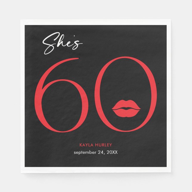 Modern Minimal Red Lips She's Sixty Birthday Napkin (Front)