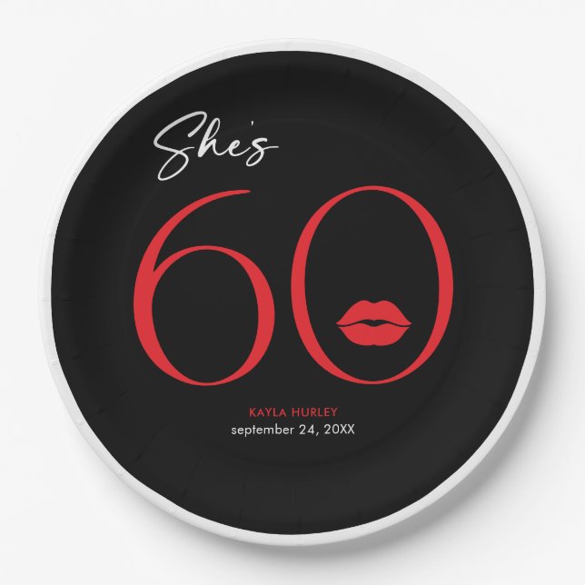 Modern Minimal Red Lips She's Sixty Birthday Paper Plate (Front)