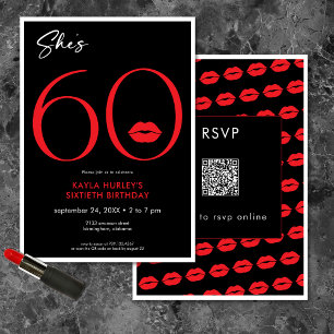 Modern Minimal Red Lips She's Sixty Birthday QR Invitation