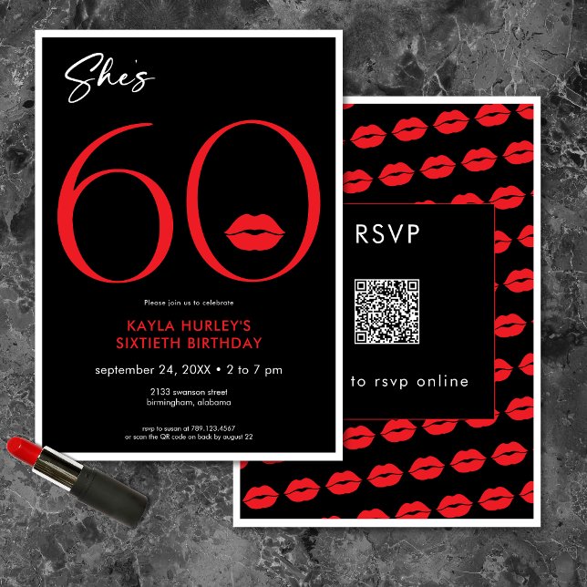 Modern Minimal Red Lips She's Sixty Birthday QR Invitation (Modern Minimal Red Lips She's Sixty Birthday QR Invitation)