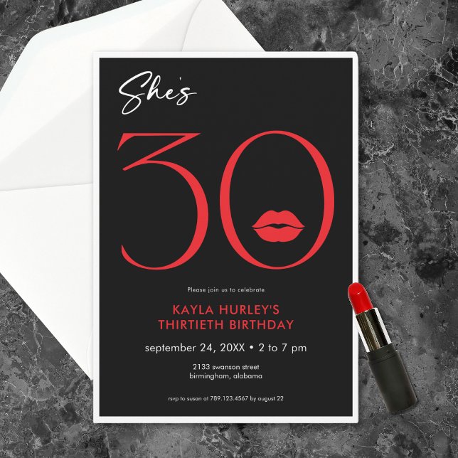Modern Minimal Red Lips She's Thirty Birthday Invitation (Modern Minimal Red Lips She's Thirty Birthday Invitation)