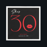 Modern Minimal Red Lips She's Thirty Birthday Napkin<br><div class="desc">Modern and chic,  this birthday cocktail napkin design declares,  "she's 30" and combines classic black and white with accents of bright red,  with a playful pair of lips. It's minimal design is a simple and fun design to celebrate the milestone birthday. Created by Simply Farmhouse Press.</div>