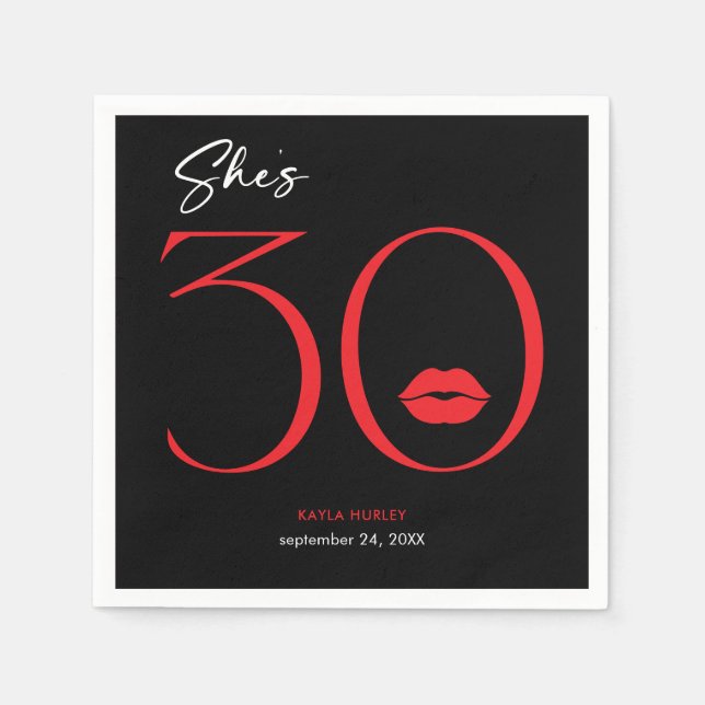 Modern Minimal Red Lips She's Thirty Birthday Napkin (Front)