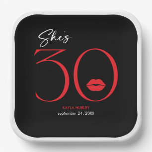 Modern Minimal Red Lips She's Thirty Birthday Paper Plate