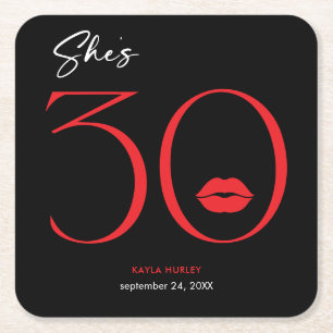 Modern Minimal Red Lips She's Thirty Birthday Square Paper Coaster