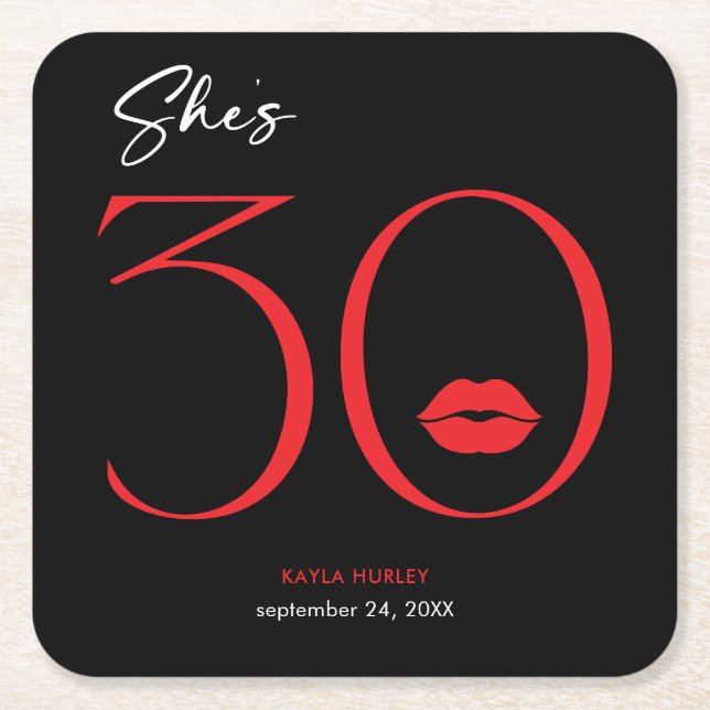 Modern Minimal Red Lips She's Thirty Birthday Square Paper Coaster (Front)