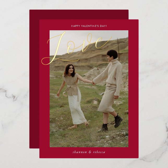 Modern Minimal Red Love Script Photo Valentine's  Foil Holiday Card (Front/Back)