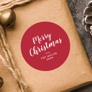 Modern Minimal Red Merry Christmas Family Classic Round Sticker