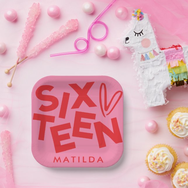Modern minimal red pink typography 16th birthday paper plate (Party)