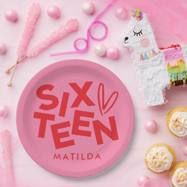 Modern minimal red pink typography 16th birthday paper plate (Party)
