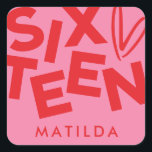 Modern minimal red pink typography 16th birthday square sticker<br><div class="desc">Modern minimal bold typography 16th birthday red and pink party decor favour sticker design.</div>
