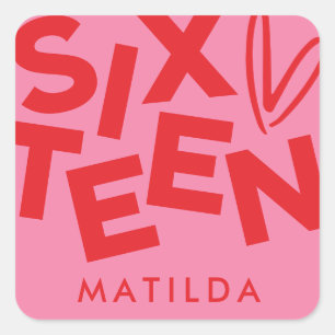 Modern minimal red pink typography 16th birthday square sticker