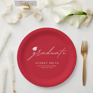 Modern Minimal Red Script Graduation Party Paper Plate