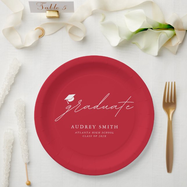 Modern Minimal Red Script Graduation Party Paper Plate (Wedding)
