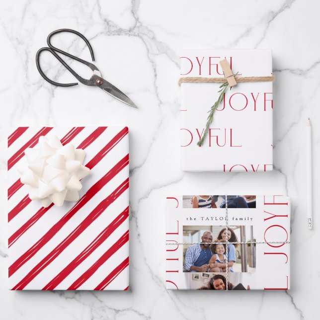 Modern Minimal Red Stripes Joyful Photo Christmas Wrapping Paper Sheet (Front)