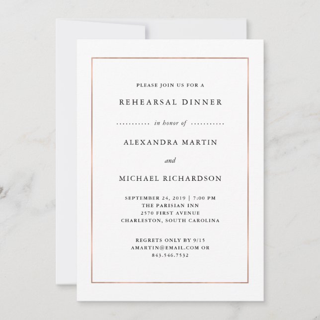 Modern Minimal | Rose Gold Border Rehearsal Dinner Invitation (Front)