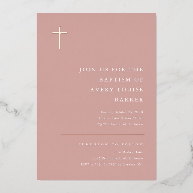 Modern Minimal Rose Gold Cross Baptism (Front)