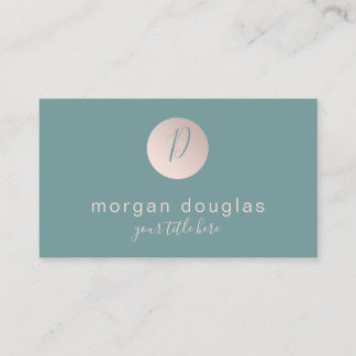 Modern minimal rose gold green monogram business card