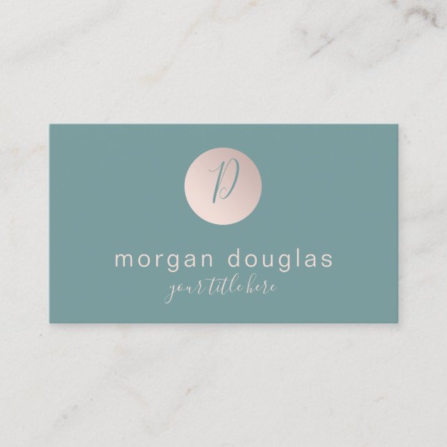 Modern minimal rose gold green monogram  business card (Front)