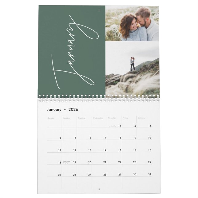 Modern minimal sage green 2 photo family elegant calendar (Jan 2026)