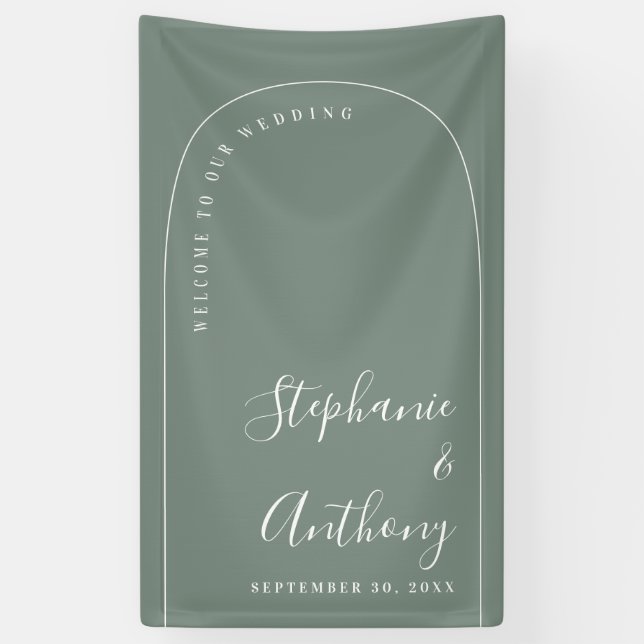 Modern Minimal Sage Green and White Arch Wedding   Banner (Vertical)