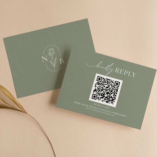 Modern Minimal Sage Green Boho Wedding QR Code RSVP Card (Creator Uploaded)