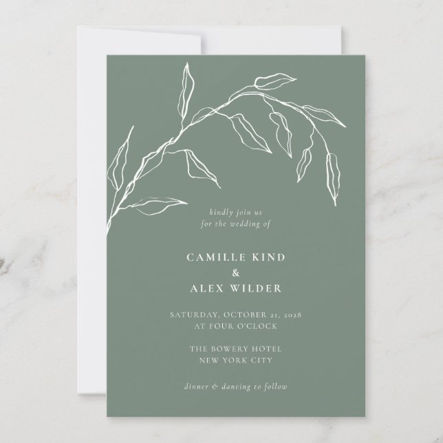 Modern Minimal Sage Green Botanical Leaf Wedding Invitation (Front)