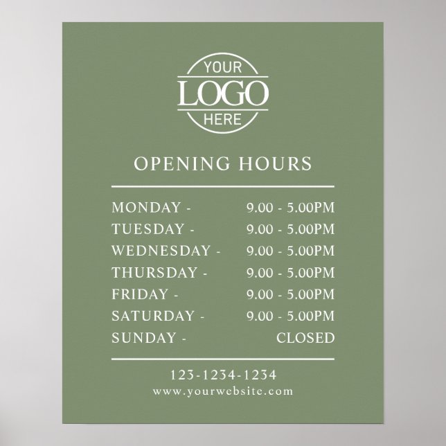Modern Minimal Sage Green  Business Opening Hours Poster (Front)