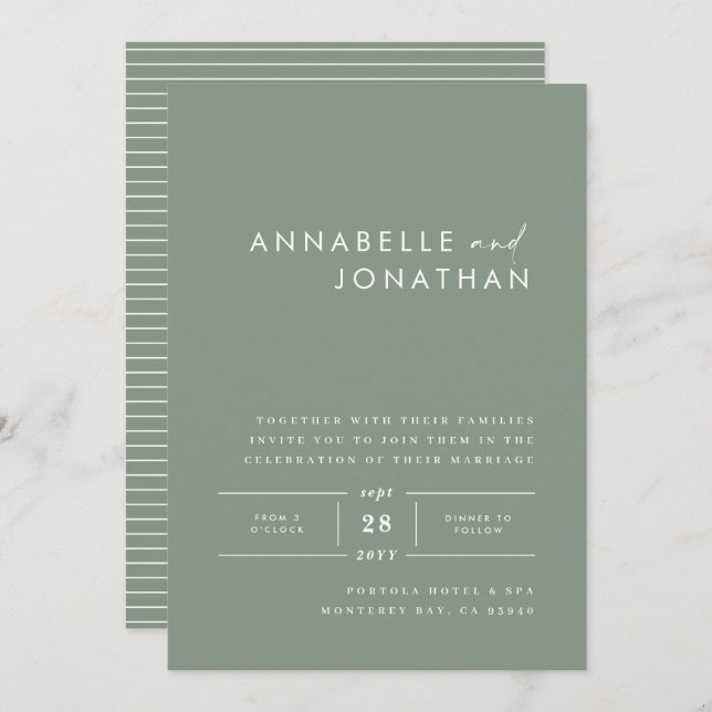 Modern minimal sage green contemporary wedding invitation (Front/Back)