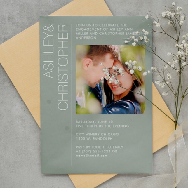 Modern Minimal Sage Green Engagement Party Photo Invitation (Creator Uploaded)