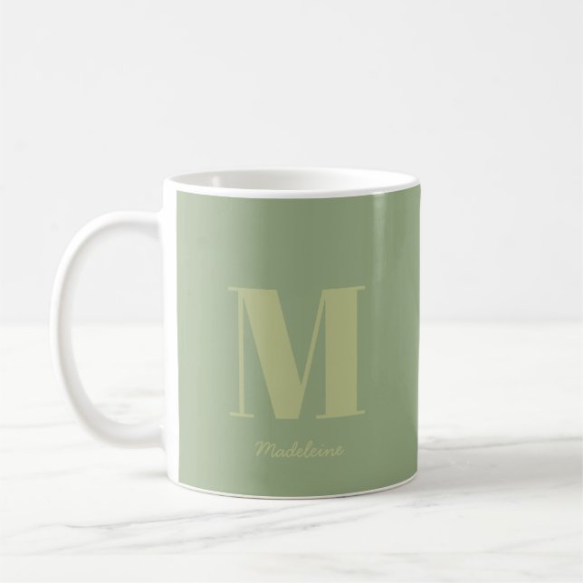 Modern Minimal Sage Green Monogram Initial Name Coffee Mug (Left)