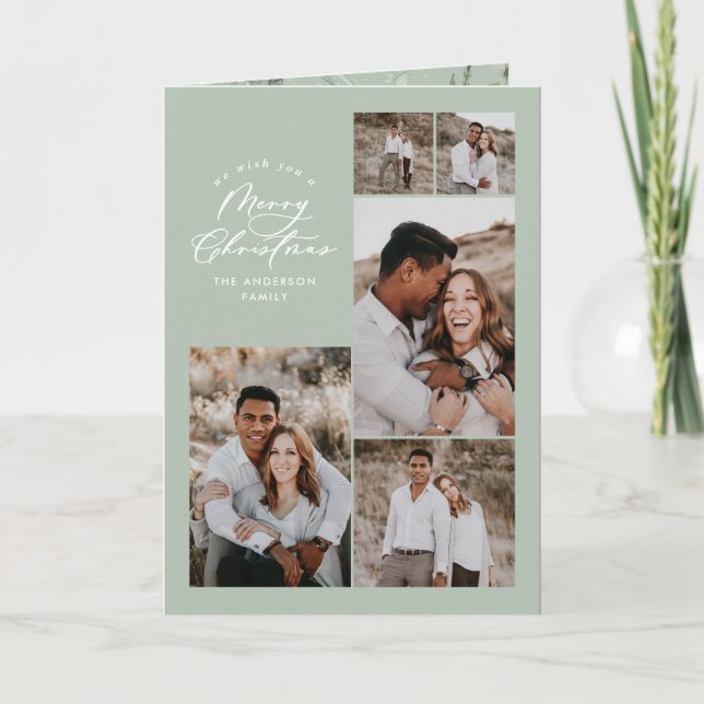 Modern minimal sage green multi photo Christmas  Thank You Card (Front)