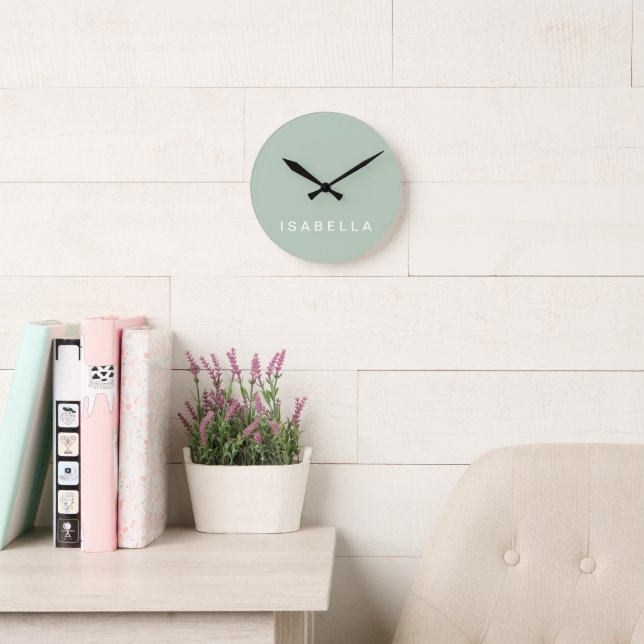 Modern Minimal Sage Green Personalised Name Round Clock (Reading Room)