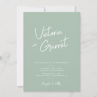 Modern Minimal Sage Green Script Photo Wedding Invitation