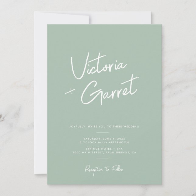 Modern Minimal Sage Green Script Photo Wedding Invitation (Front)