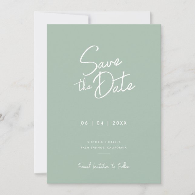 Modern Minimal Sage Green Script Photo Wedding Save The Date (Front)