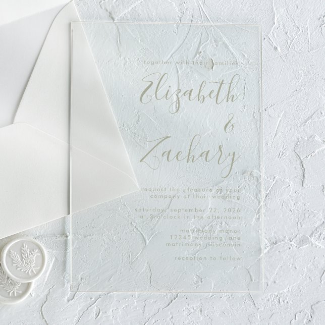 Modern Minimal Sage Green Script Wedding Acrylic Invitations (Creator Uploaded)