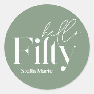 Modern minimal sage green simple 50th birthday classic round sticker