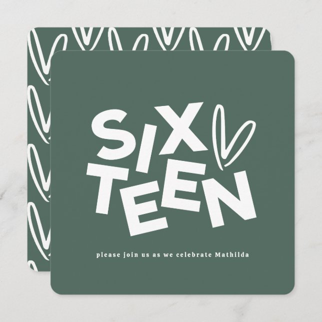 Modern minimal sage green typography 16th birthday invitation (Front/Back)