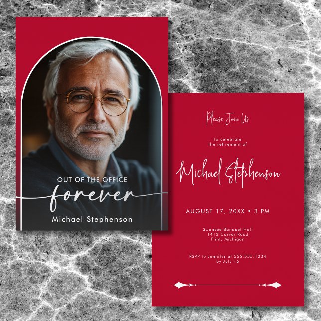 Modern Minimal Scarlet Red Retirement Party (Modern Minimal Scarlet Red Foil Retirement Party Foil Invitation)