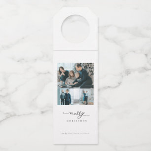 Modern Minimal Script 3 Photo Merry Christmas Bottle Tag