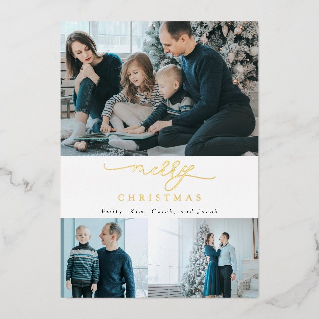 Modern Minimal Script 3 Photo Merry Christmas Foil Holiday Card (Front)